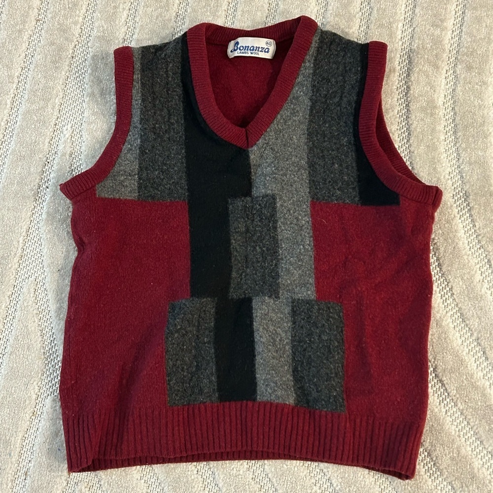 Vintage Bonanza Grandpa Style Colorblock Lambs Wool Sweater Vest - Size 40
